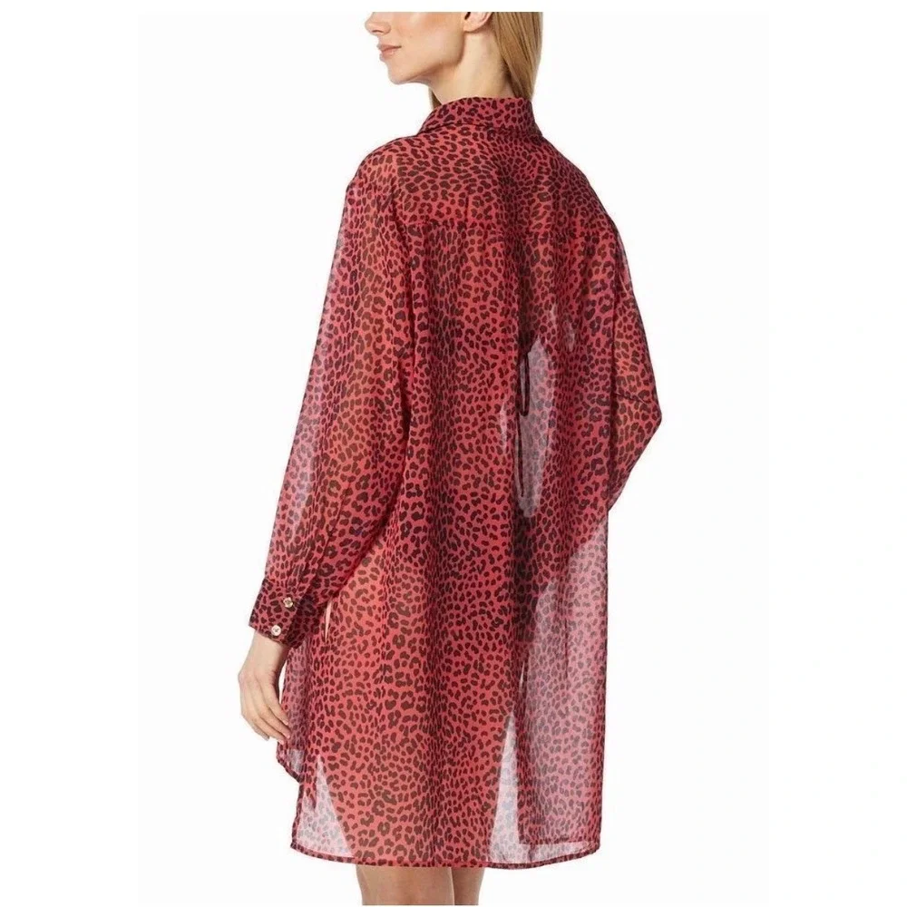 Michael Kors Women's Animal-Print Red Sheer Cover-Up Shirt Size L $130 NWT